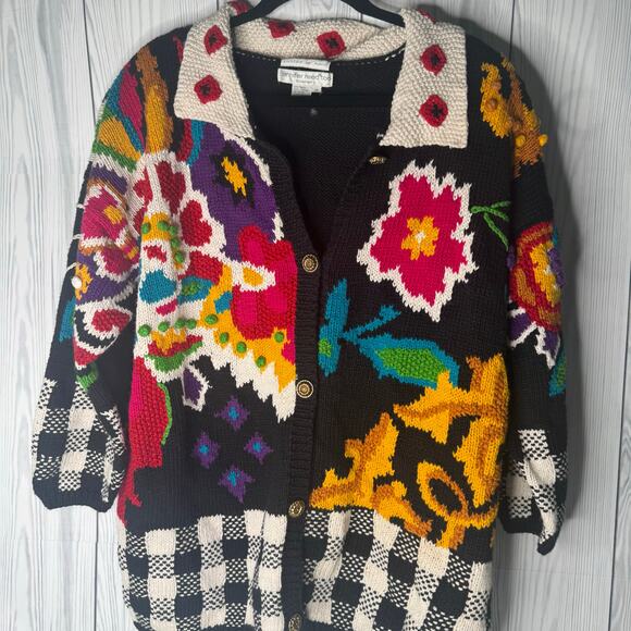 Vintage 80s/90s Hand Knit Chunky Floral Funky Gold Button Cardigan 2XL Jen Reed - Picture 2 of 9